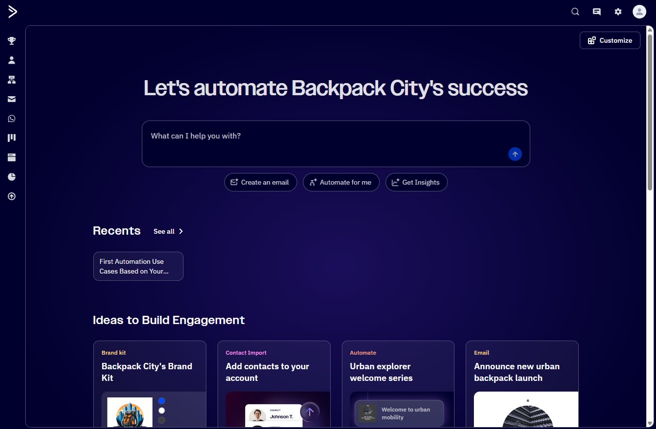 ActiveCampaign의 AI 중심 홈 화면 인터페이스