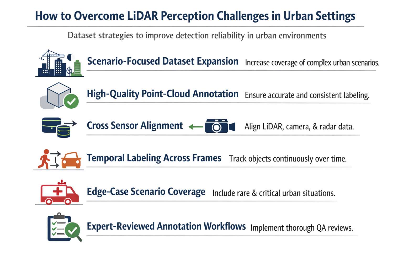 도심 환경의 LiDAR 인식 과제를 해결하기 위한 6가지 데이터 전략을 나열한 인포그래픽입니다.