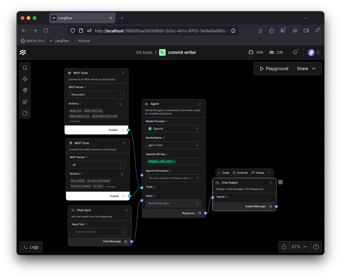 Chat Input, Agent, Chat Output과 두 개의 MCP 서버 컴포넌트가 연결된 Langflow 워크플로우 다이어그램이다.