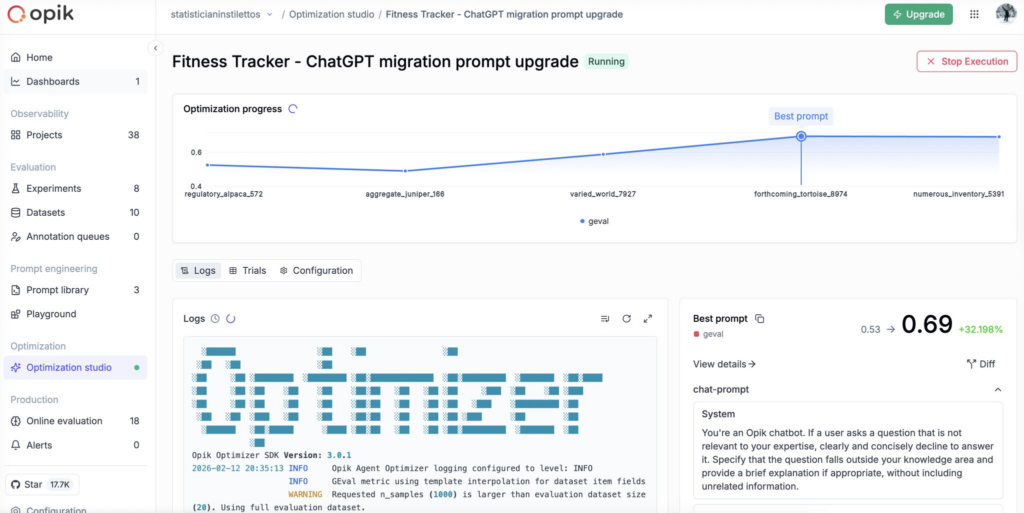 Opik의 Optimization Studio 실행 화면