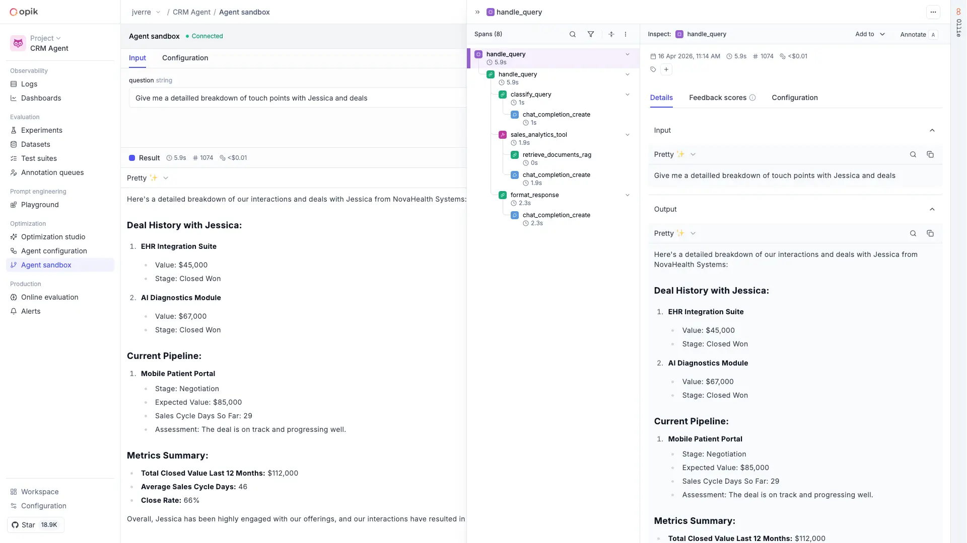 에이전트 샌드박스 인터페이스를 보여주는 Opik 대시보드 화면
