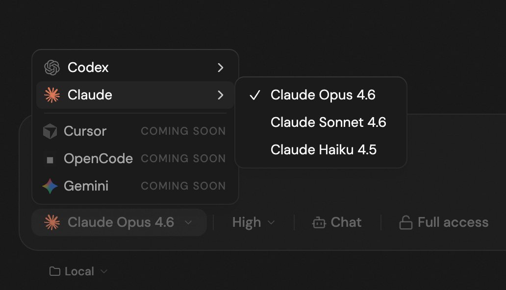 T3 Code 인터페이스의 Claude 모델 선택 메뉴