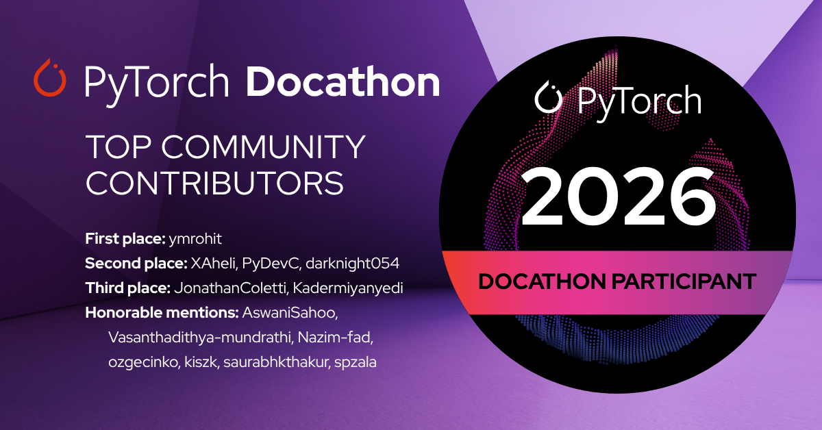 PyTorch Docathon 2026 상위 커뮤니티 기여자 명단.