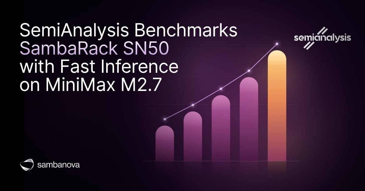이미지 상단에 'SemiAnalysis Benchmarks SambaRack SN50 with Fast Inference on MiniMax M2.7'라는 제목과 오른쪽의 상승형 막대 그래프가 표시되어 있습니다.