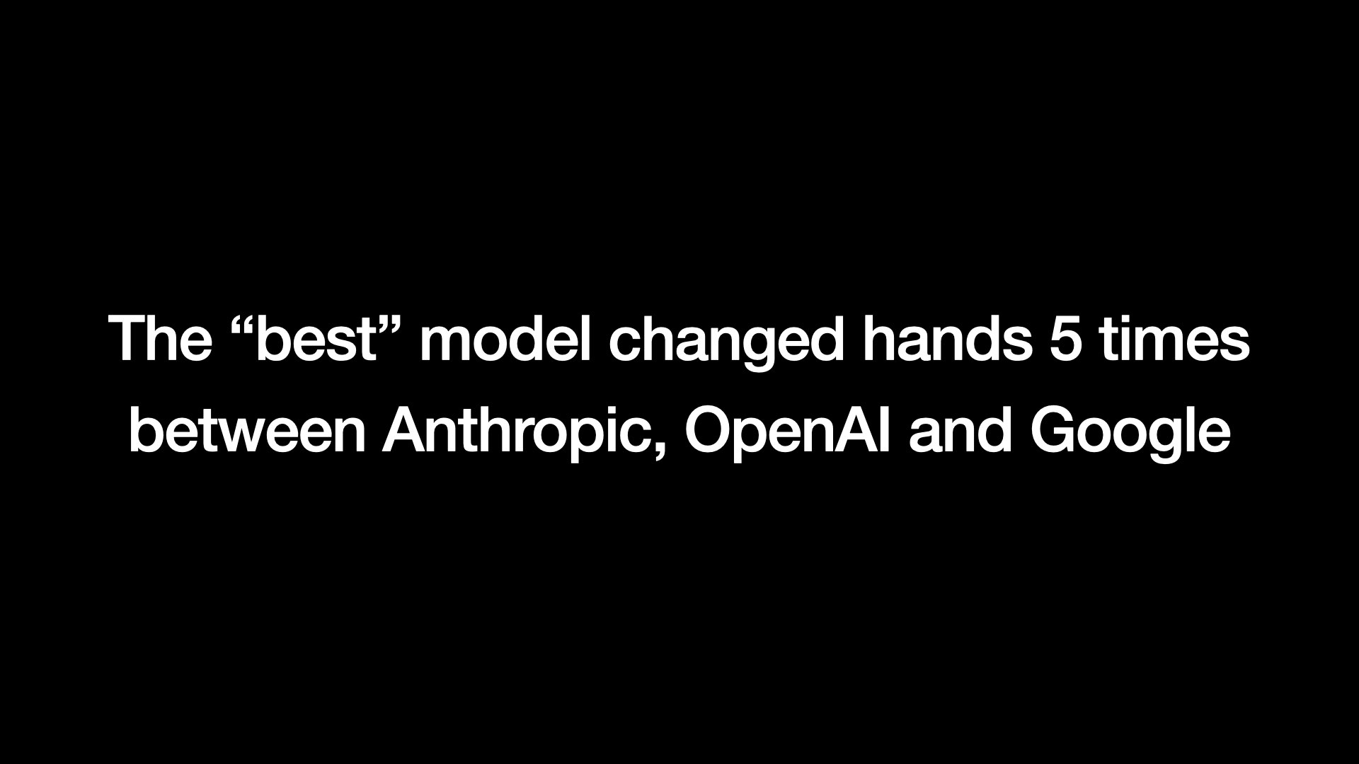 Anthropic, OpenAI, Google 간의 모델 성능 우위 변화를 나타내는 슬라이드.