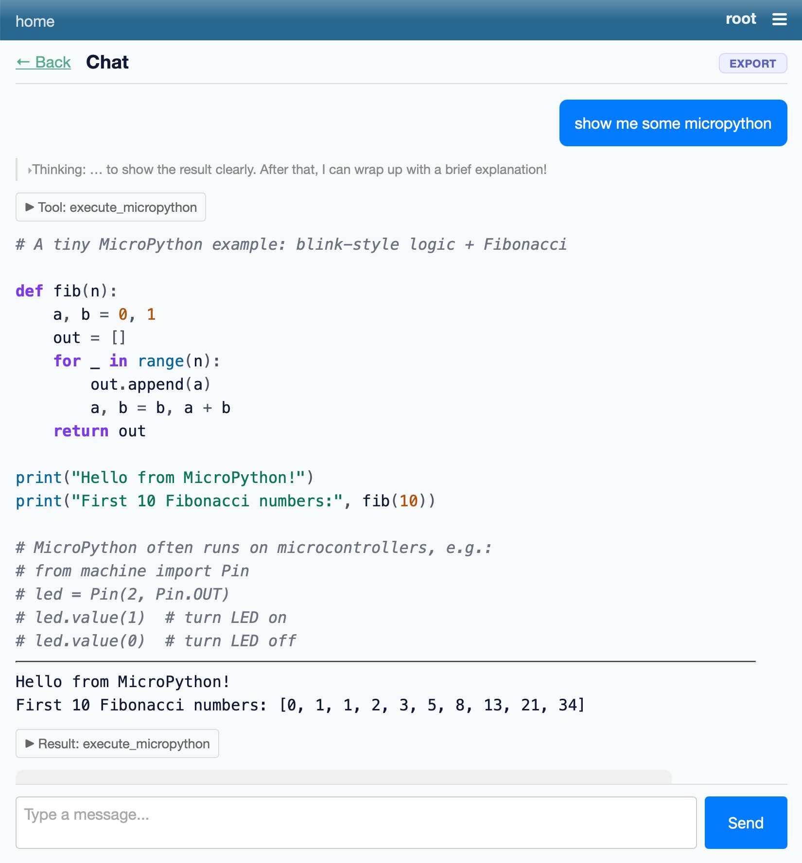 Datasette Agent 인터페이스에서 MicroPython 코드를 실행하는 스크린샷