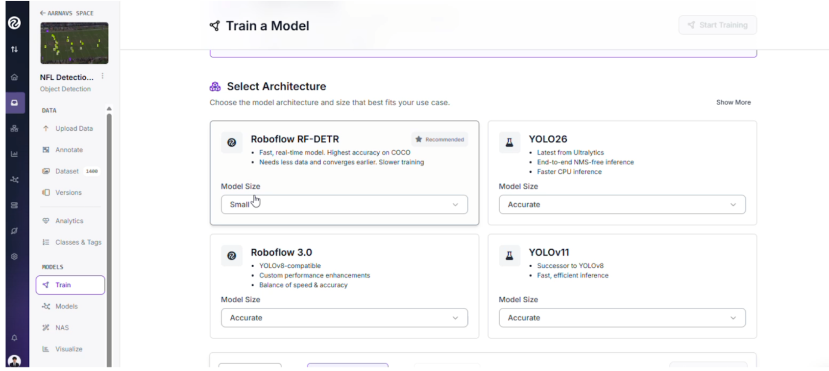 Roboflow 플랫폼 내에서 RF-DETR 및 YOLOv11 등 다양한 모델 아키텍처를 선택하는 화면입니다.