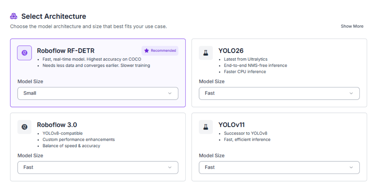 Roboflow의 모델 아키텍처 선택 화면에서 RF-DETR, YOLO26, YOLOv11 등을 비교하는 스크린샷