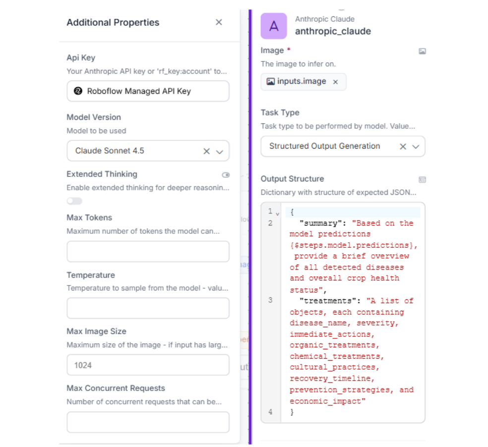Claude VLM 블록의 설정 화면으로 모델 선택 및 JSON 출력 구조 정의를 보여주는 스크린샷