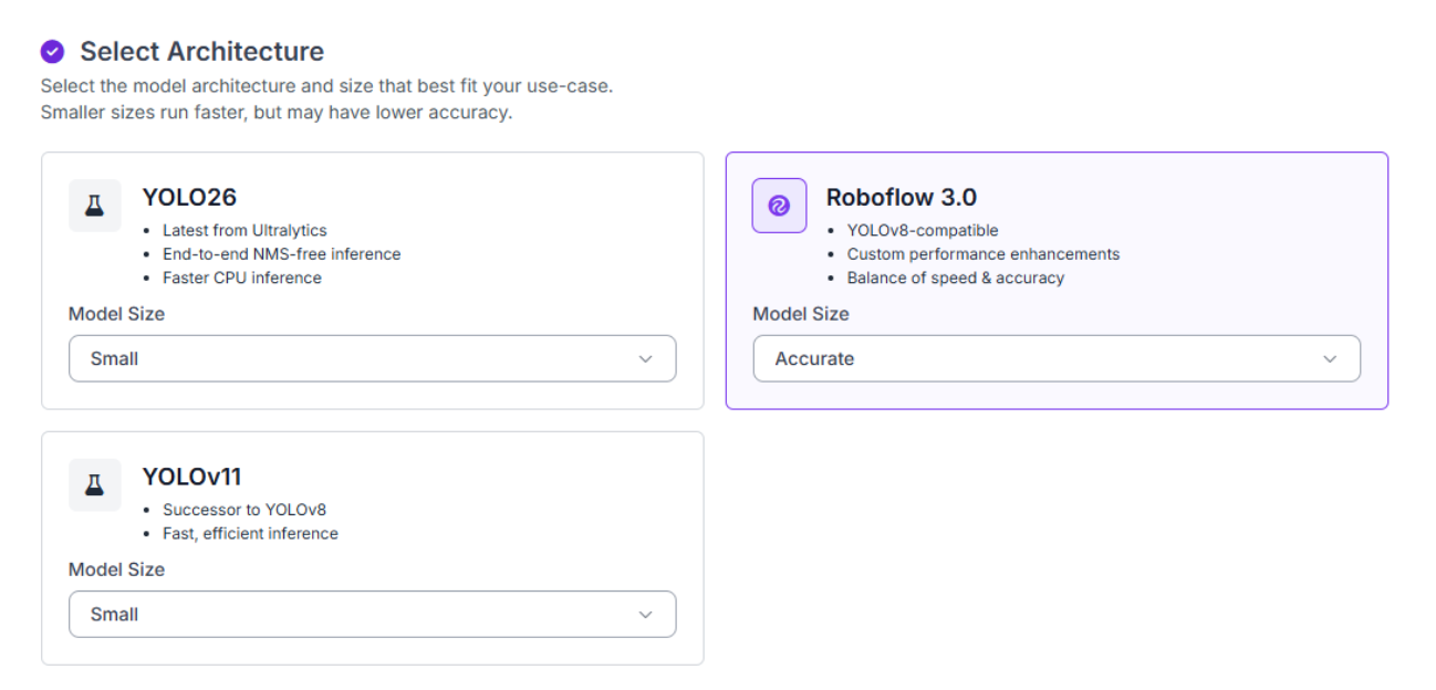 Roboflow 3.0 모델 아키텍처 선택 화면.