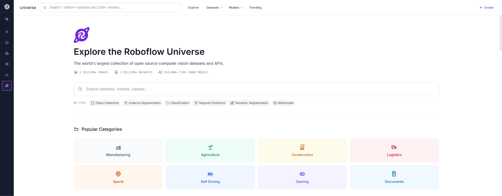 Roboflow Universe의 스크린샷으로, 데이터셋 검색 인터페이스와 카테고리 타일을 보여준다.