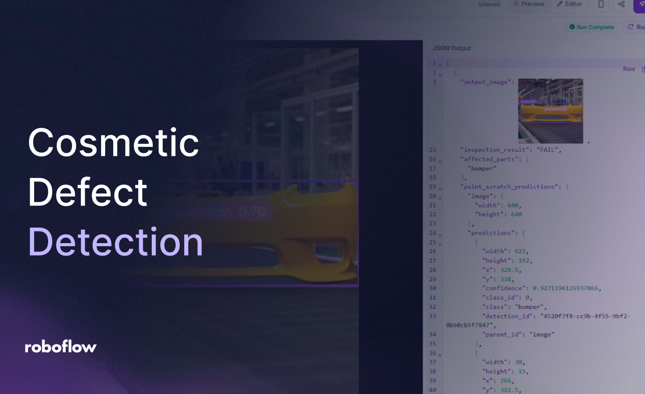 좌측에는 'Cosmetic Defect Detection' 제목과 차량 범퍼의 주석 이미지가 배치되어 있고 우측에는 검사 결과를 담은 JSON 출력이 캡처되어 있다.