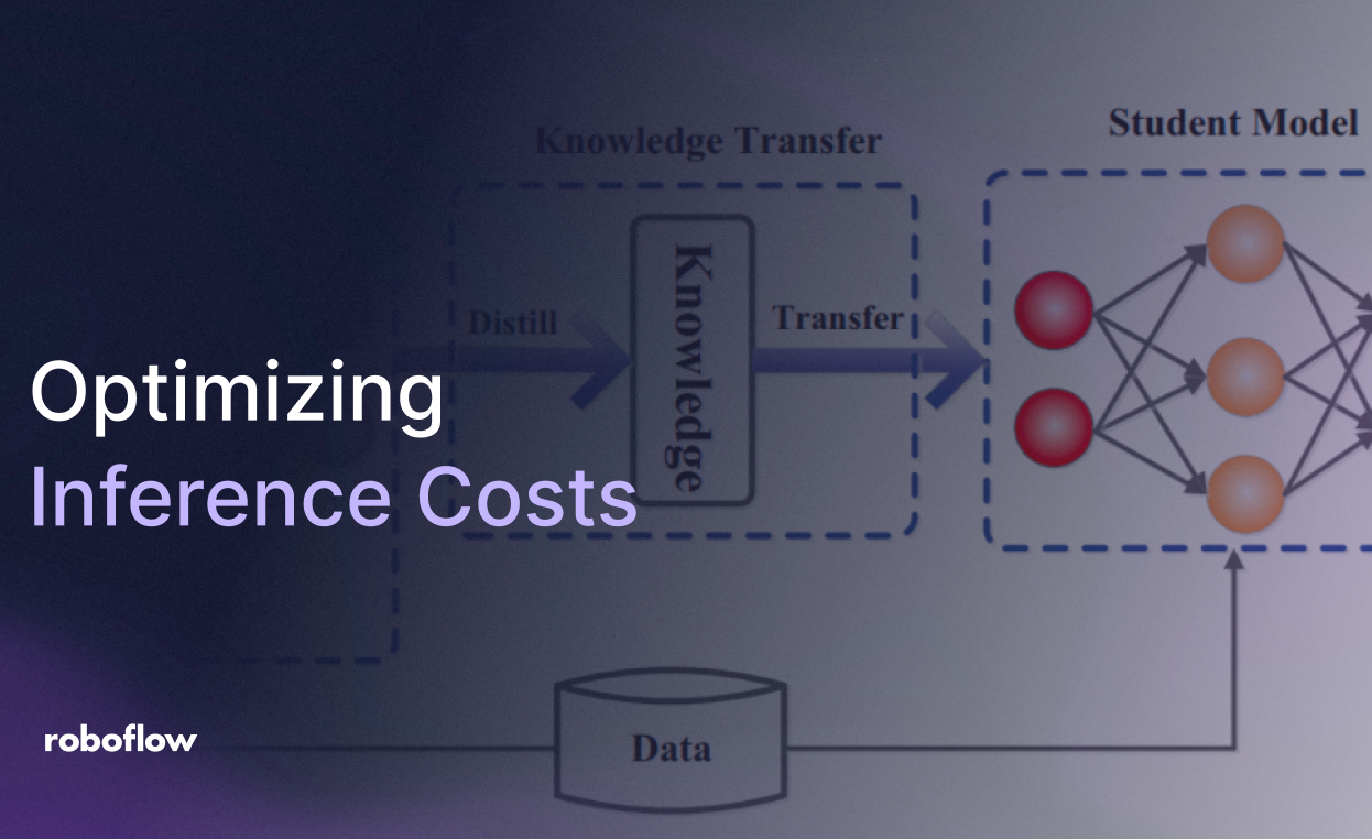 지식 전이와 소형 학생 모델을 포함한 파이프라인 다이어그램과 'Optimizing Inference Costs' 제목을 담은 인포그래픽이다.