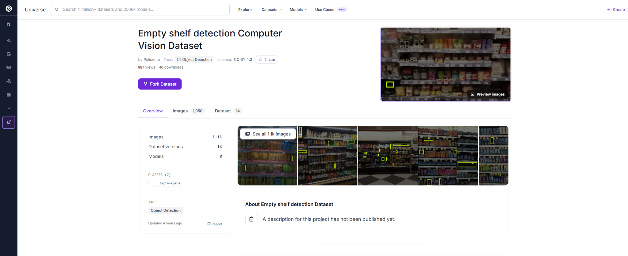 Empty shelf detection 데이터셋 페이지의 상세 화면으로 이미지 수와 클래스 정보, 예시 이미지 썸네일을 포함하고 있다.