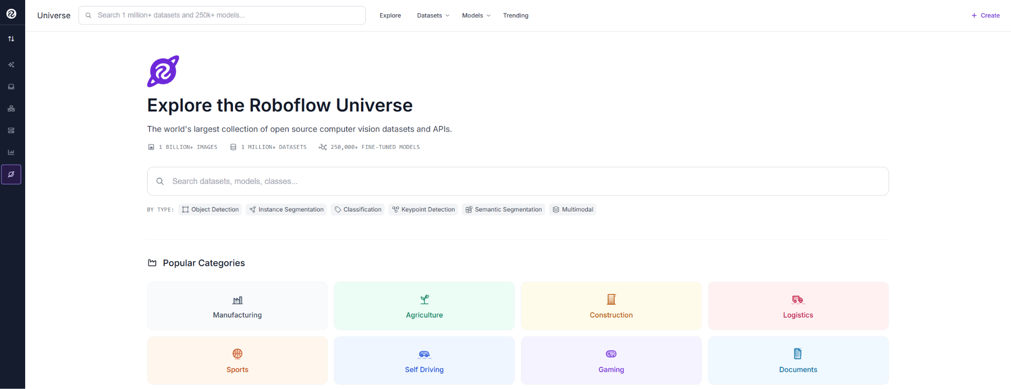 Roboflow Universe의 탐색 화면 스크린샷으로 데이터셋 검색과 카테고리 선택 인터페이스를 보여준다.