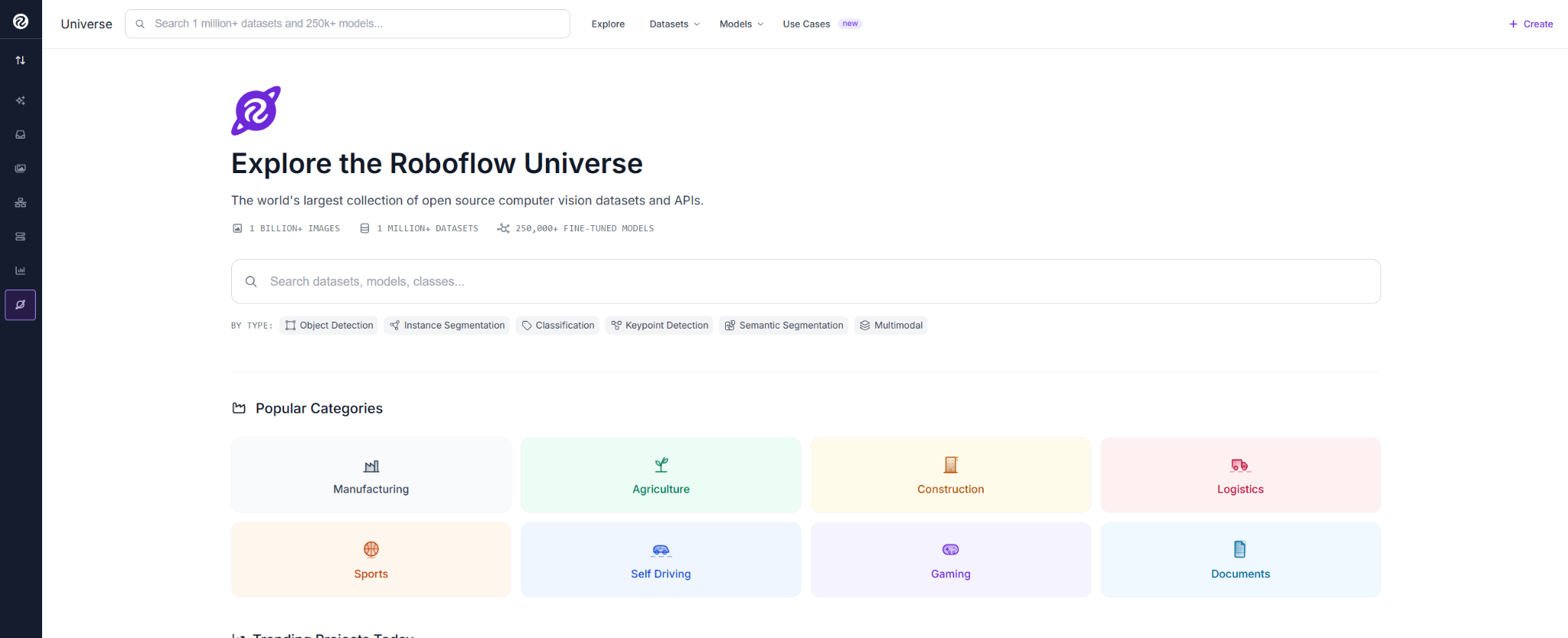Roboflow Universe의 탐색 페이지 스크린샷으로 데이터셋 검색과 인기 카테고리 인터페이스를 캡처하고 있다.