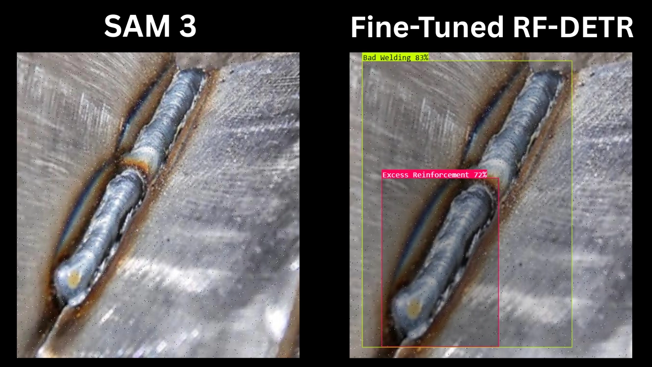 SAM 3 결과와 파인튜닝 RF-DETR 결과의 용접부 비교