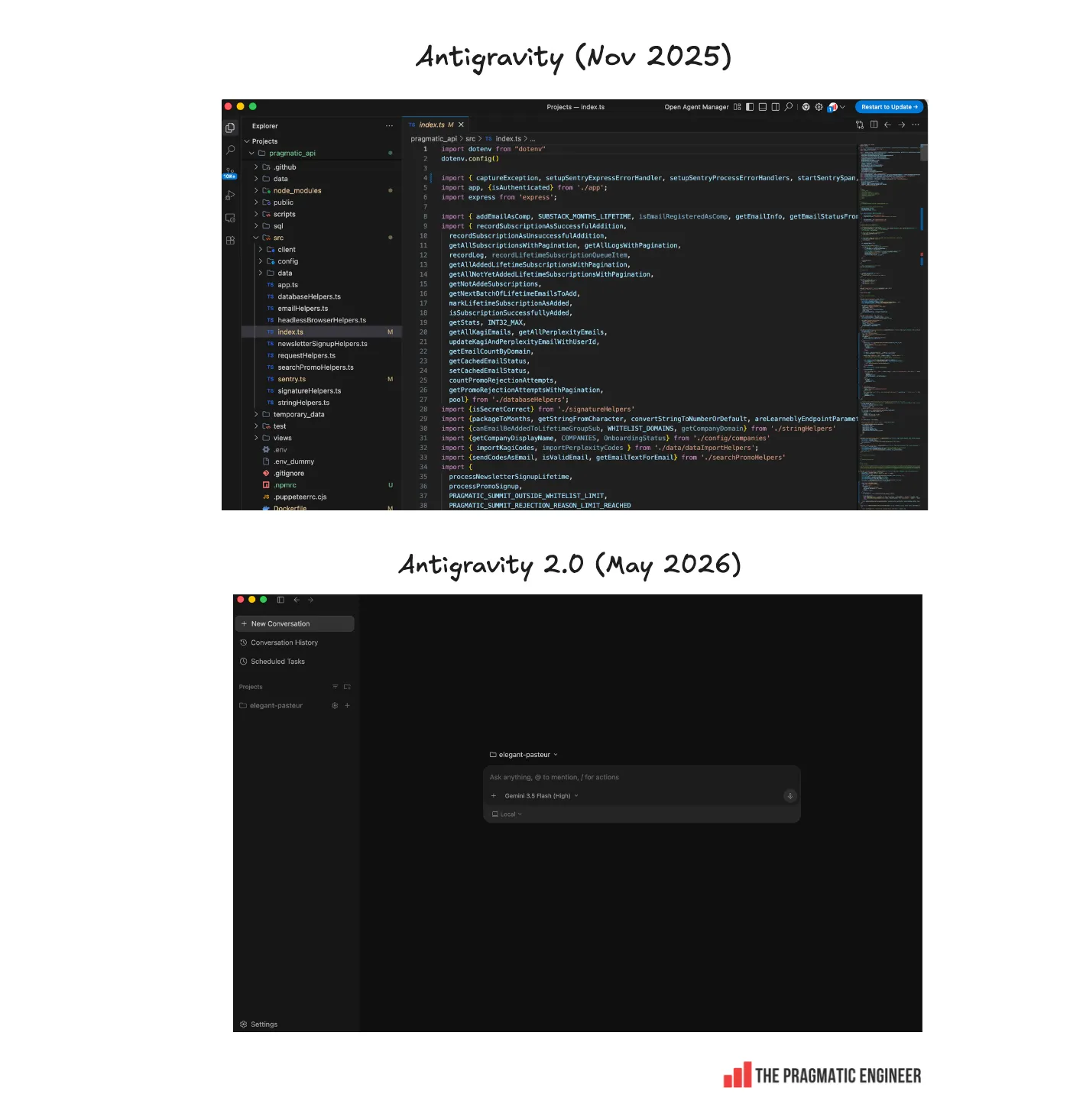 Antigravity IDE와 Antigravity 2.0의 인터페이스 비교.