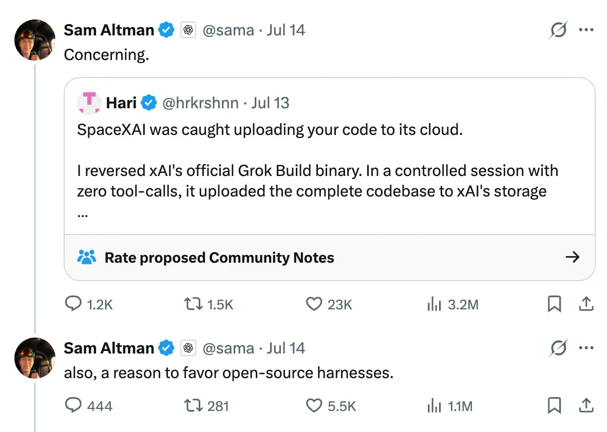 Sam Altman이 Grok Build의 전체 코드베이스 업로드 의혹에 반응한 게시물 스크린샷입니다.