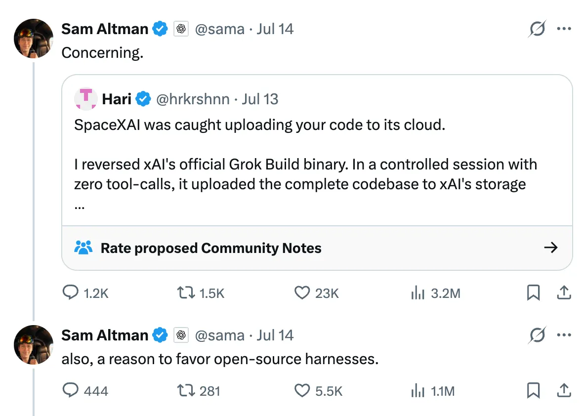 Sam Altman이 Grok Build의 코드 업로드 의혹을 인용하며 “Concerning”이라고 반응한 게시물입니다.