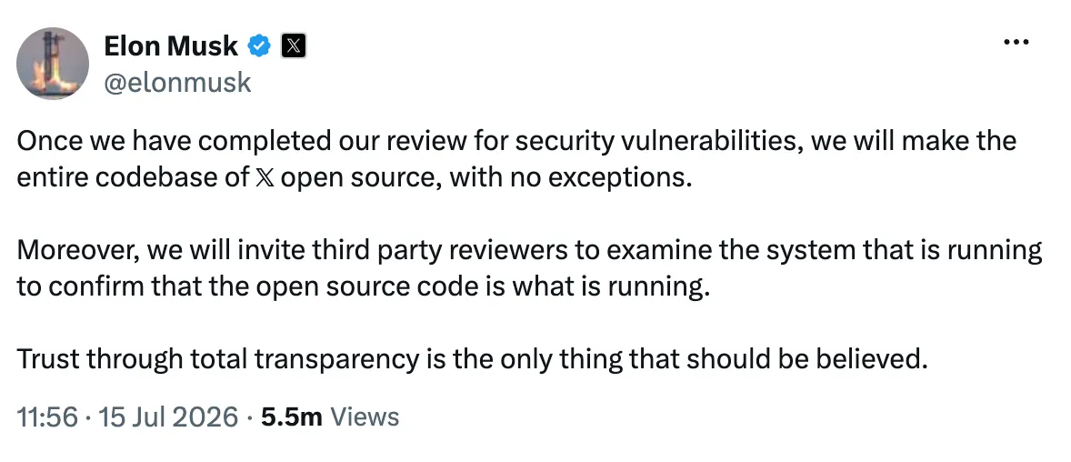 Elon Musk가 보안 취약점 검토 뒤 X의 전체 codebase를 open source로 공개하고 제3자 검증을 초대하겠다고 밝힌 게시물입니다.