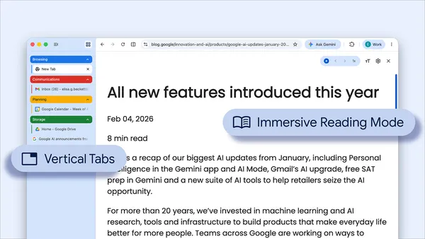 Chrome 브라우저의 수직 탭과 몰입형 읽기 모드 기능을 보여주는 이미지