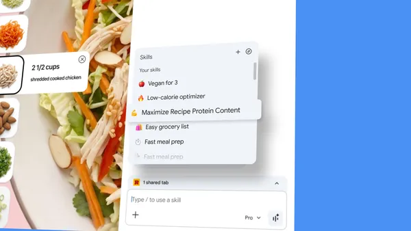 Chrome 브라우저 내 Gemini 인터페이스에서 사용 가능한 Skill 목록을 보여주는 스크린샷