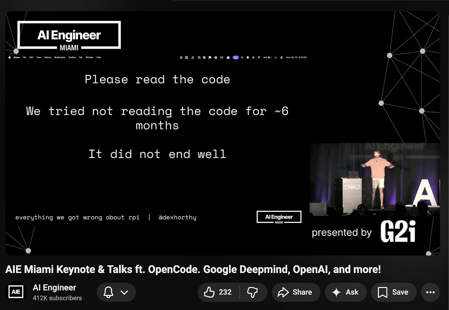 AIE Miami 키노트에서 Dex Horthy가 '코드를 읽지 않았던 6개월의 시도'가 실패했음을 알리는 슬라이드 장면입니다.