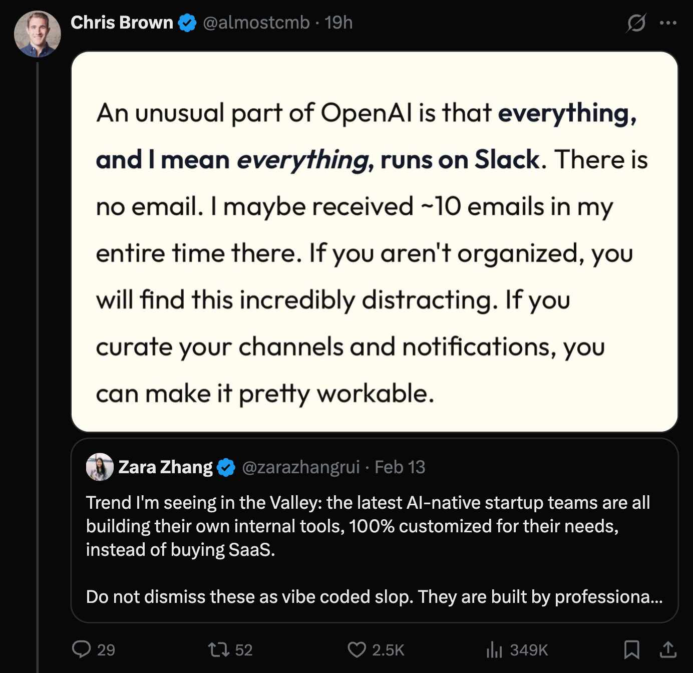 OpenAI 내부의 슬랙 의존성과 AI 스타트업들의 자체 도구 구축 트렌드에 대한 트윗이다.