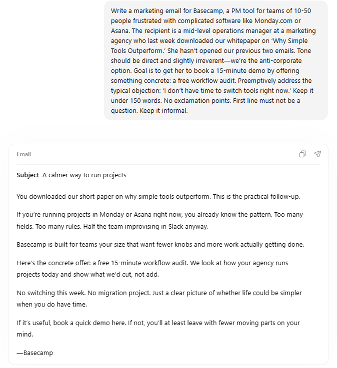 매우 구체적인 제약 조건과 톤앤매너가 포함된 최상의 프롬프트 결과물 스크린샷이다.