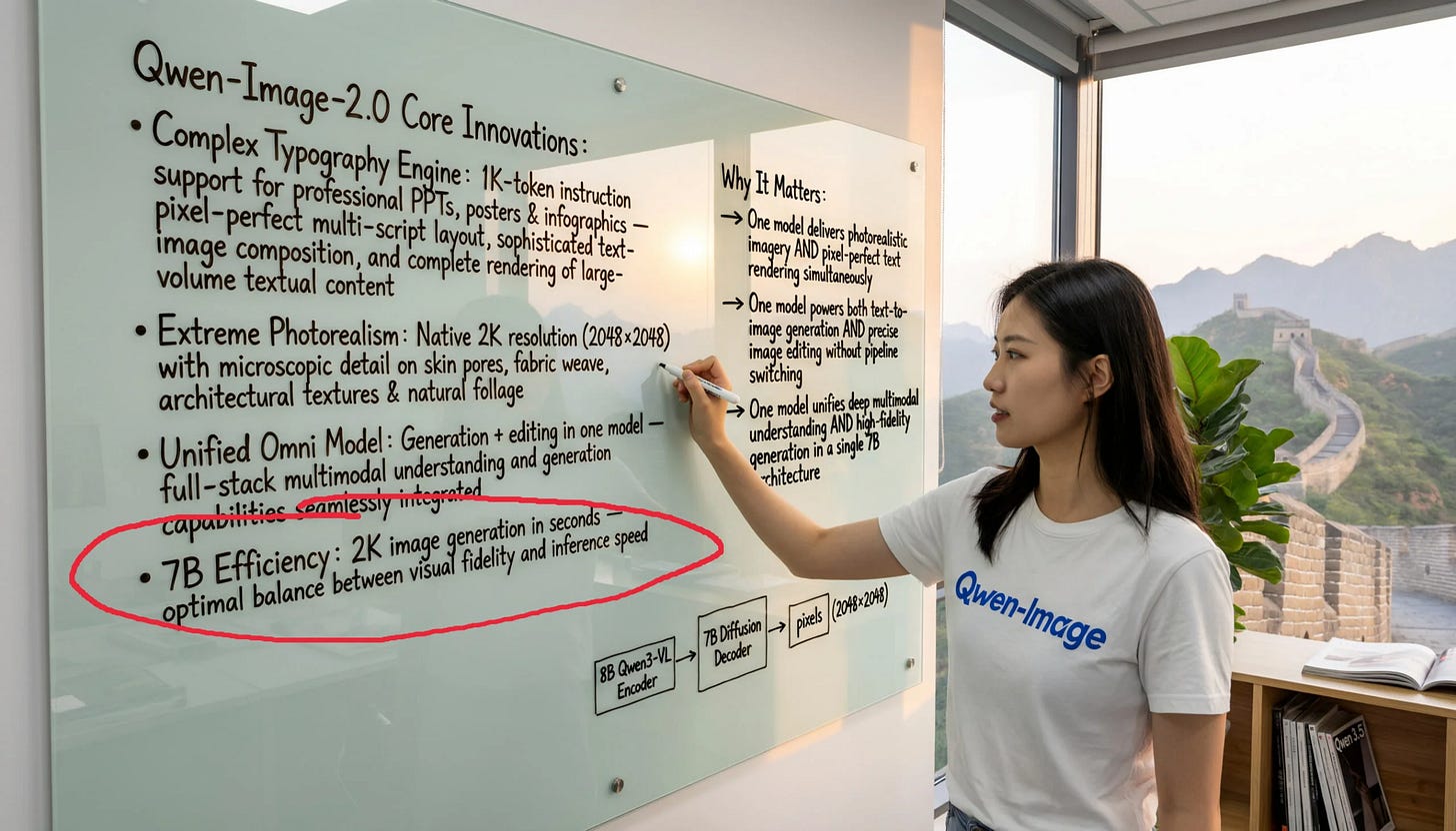 Qwen-Image 2.0의 핵심 혁신 사항과 아키텍처 구조가 적힌 화이트보드 사진이다.