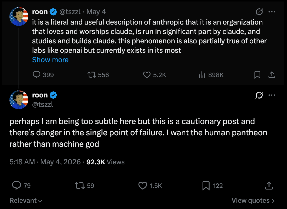 OpenAI 직원 Roon의 트위터 게시물 캡처본으로, Anthropic과 Claude의 성격에 대해 논평하고 있습니다.