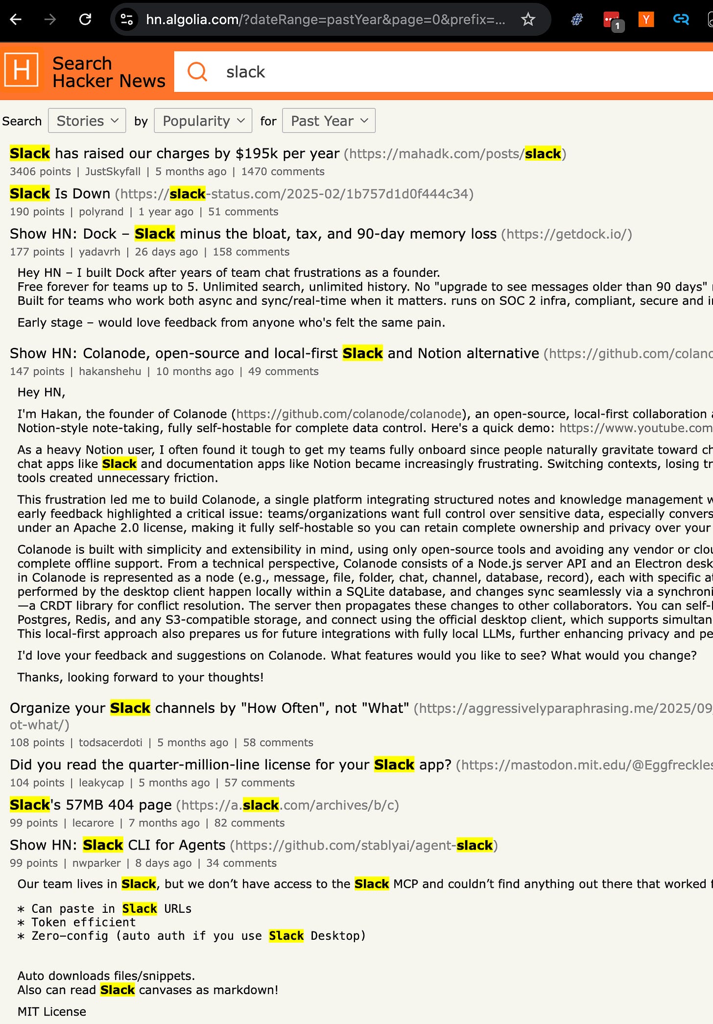 Hacker News의 슬랙 관련 검색 결과 화면이다.