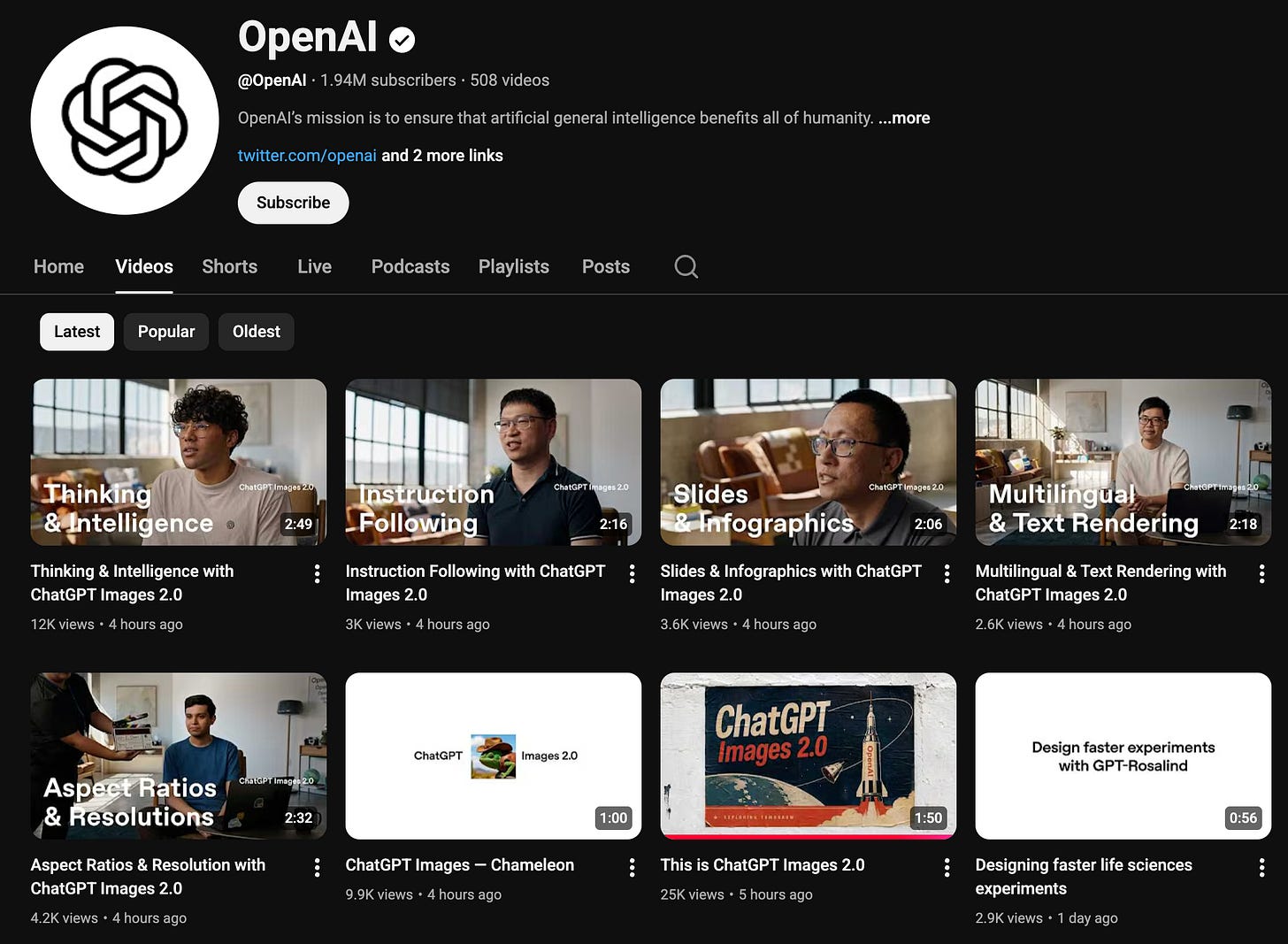 OpenAI의 GPT-Image-2 출시를 알리는 유튜브 채널 스크린샷과 주요 기능 썸네일 목록