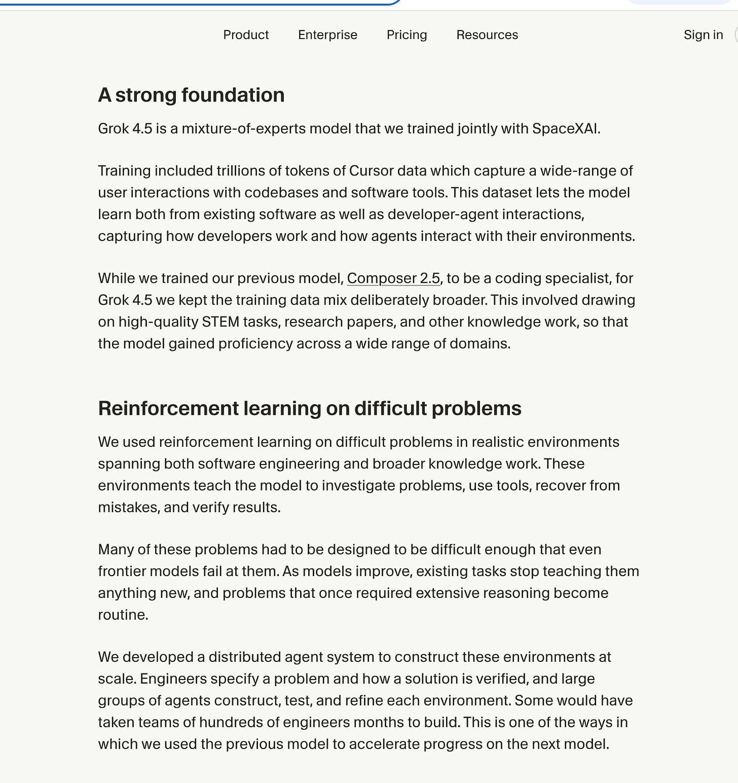 웹페이지 스크린샷으로 Grok 4.5의 'A strong foundation' 및 'Reinforcement learning on difficult problems' 섹션 본문을 보여준다.