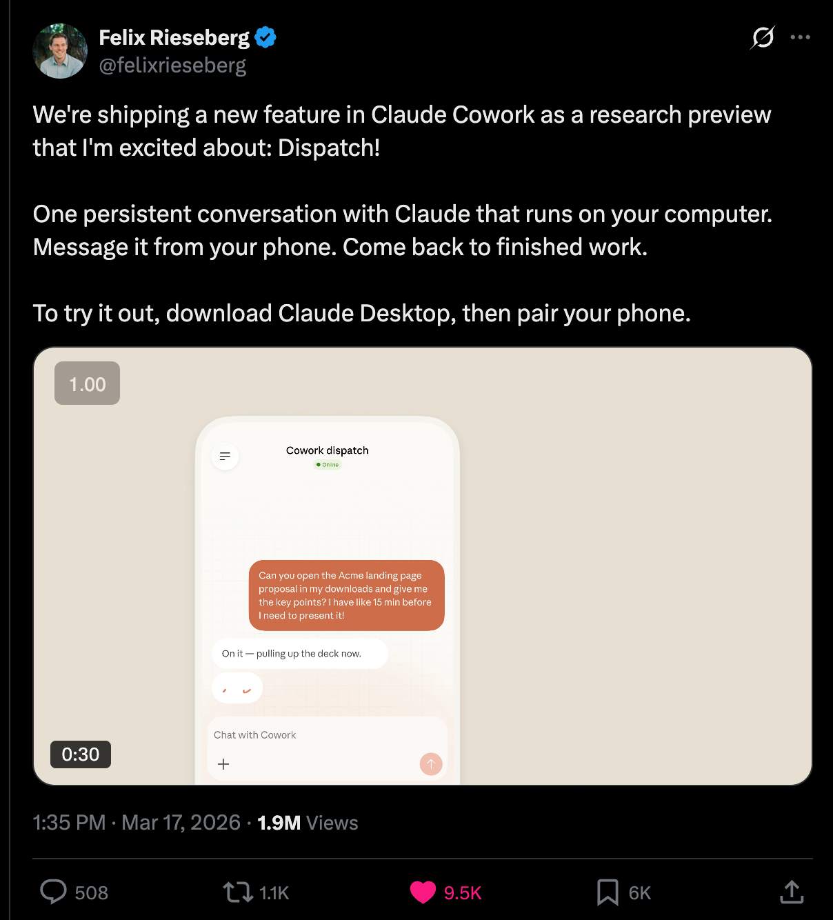 Claude Cowork Dispatch 기능의 모바일 인터페이스 스크린샷이다.