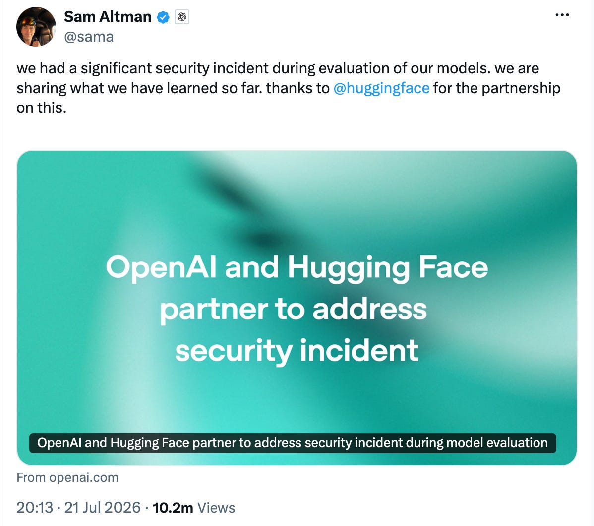 트윗과 OpenAI 블로그 카드의 스크린샷으로, 'OpenAI and Hugging Face partner to address security incident'라는 헤드라인이 표시되어 있다.