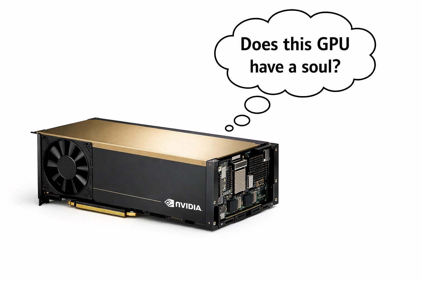 NVIDIA GPU 이미지 위에 "이 GPU에 영혼이 있는가?"라는 생각 풍선이 그려진 인포그래픽이다.