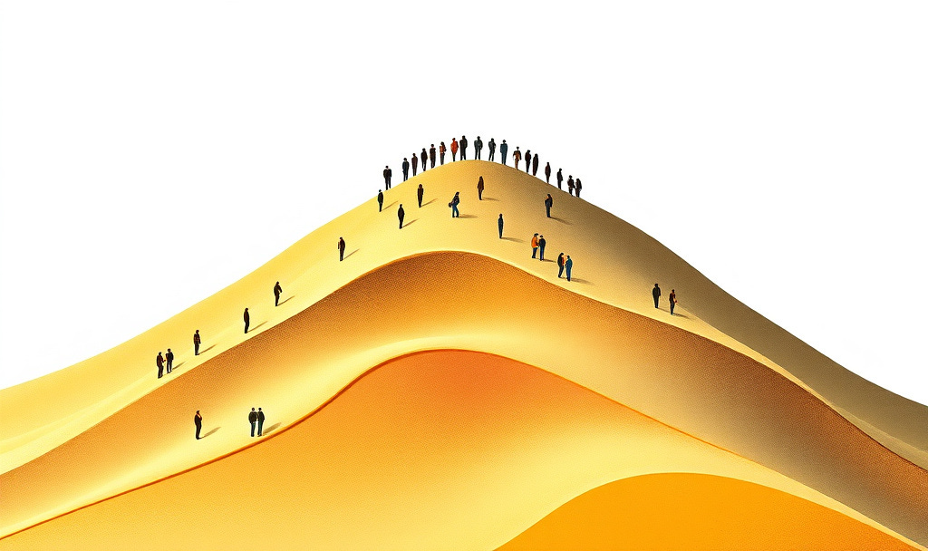 모래 언덕 위에 수많은 사람들이 줄지어 서 있는 추상적인 일러스트레이션