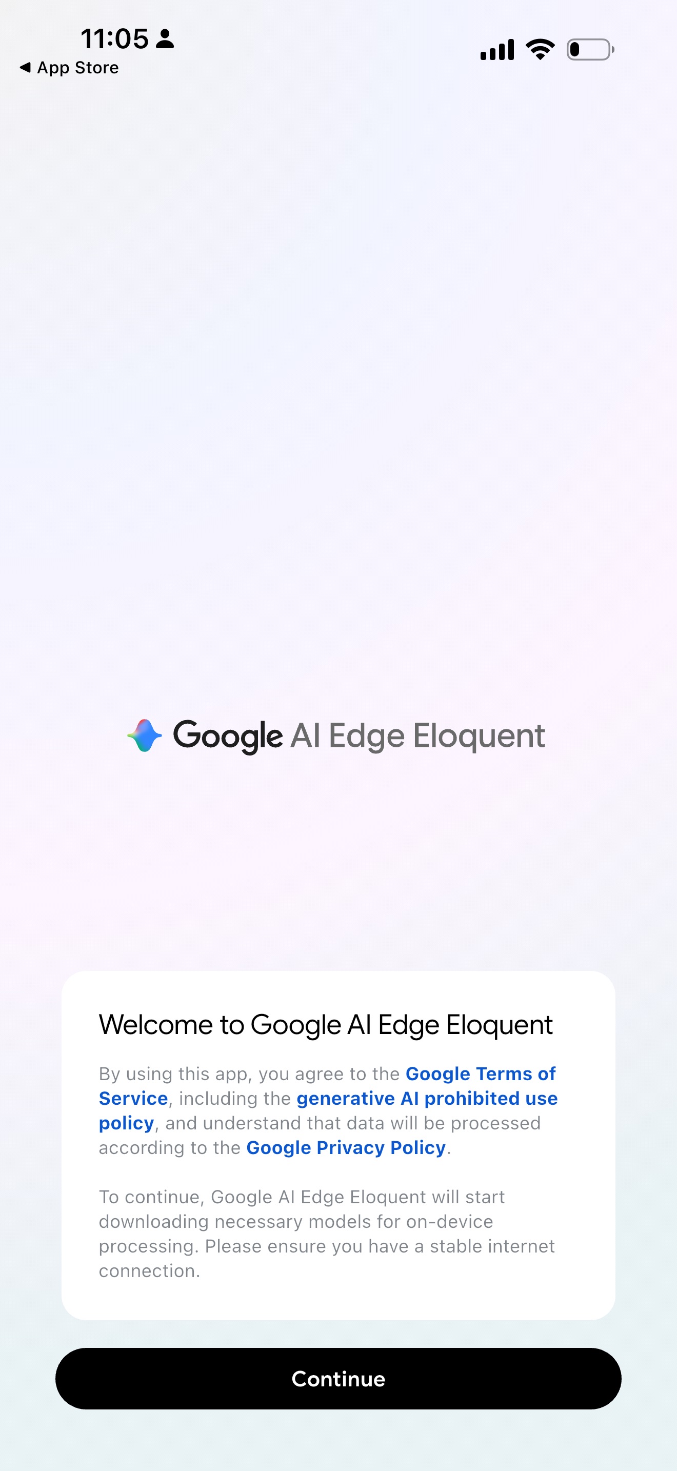 Google AI Edge Eloquent 앱의 시작 화면 및 약관 동의 페이지