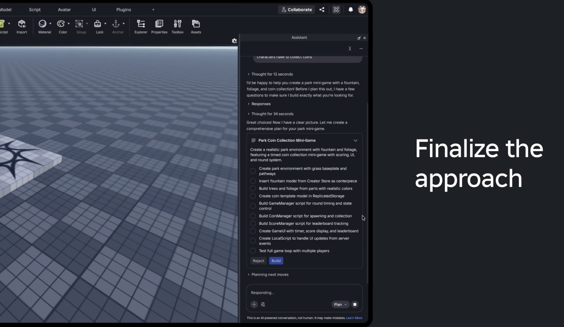 Roblox Assistant의 Planning Mode 인터페이스 스크린샷