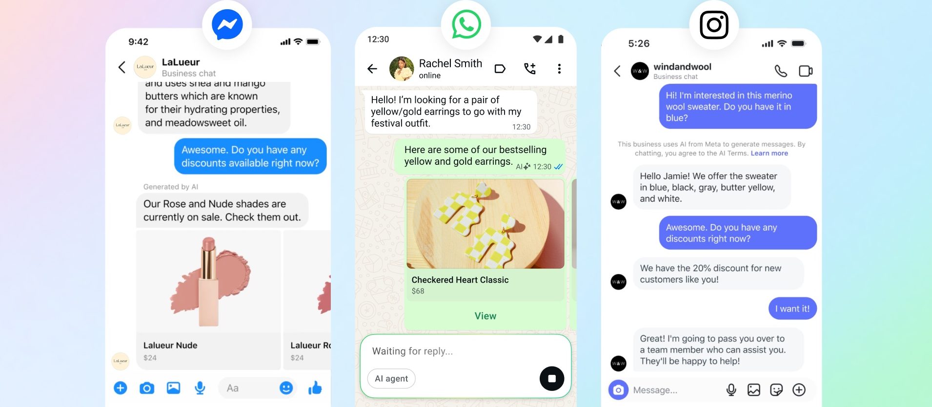 WhatsApp 비즈니스 채팅에서 AI 에이전트가 고객 문의에 응대하고 제품을 추천하는 화면.