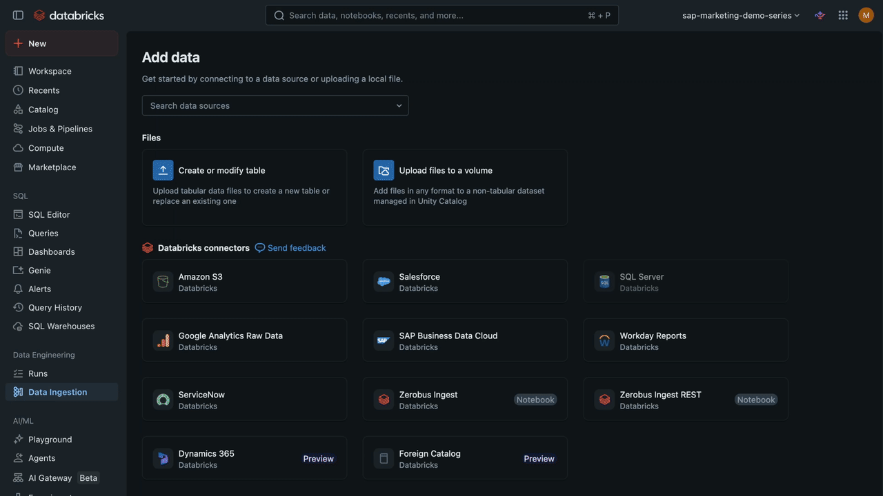 Databricks UI 내에서 SAP 데이터 소스를 추가하고 메타데이터를 확인하는 화면
