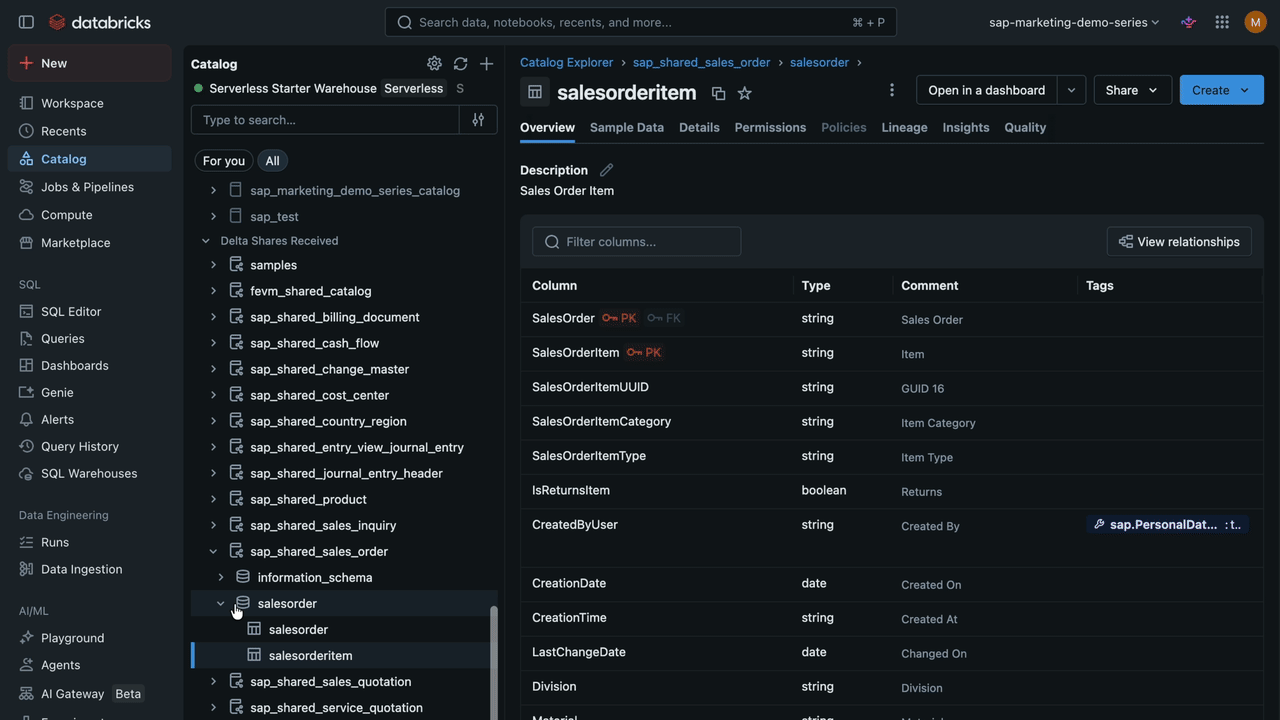 Databricks AI Assistant가 SAP 테이블 구조를 바탕으로 자연어 질문에 답변하는 모습