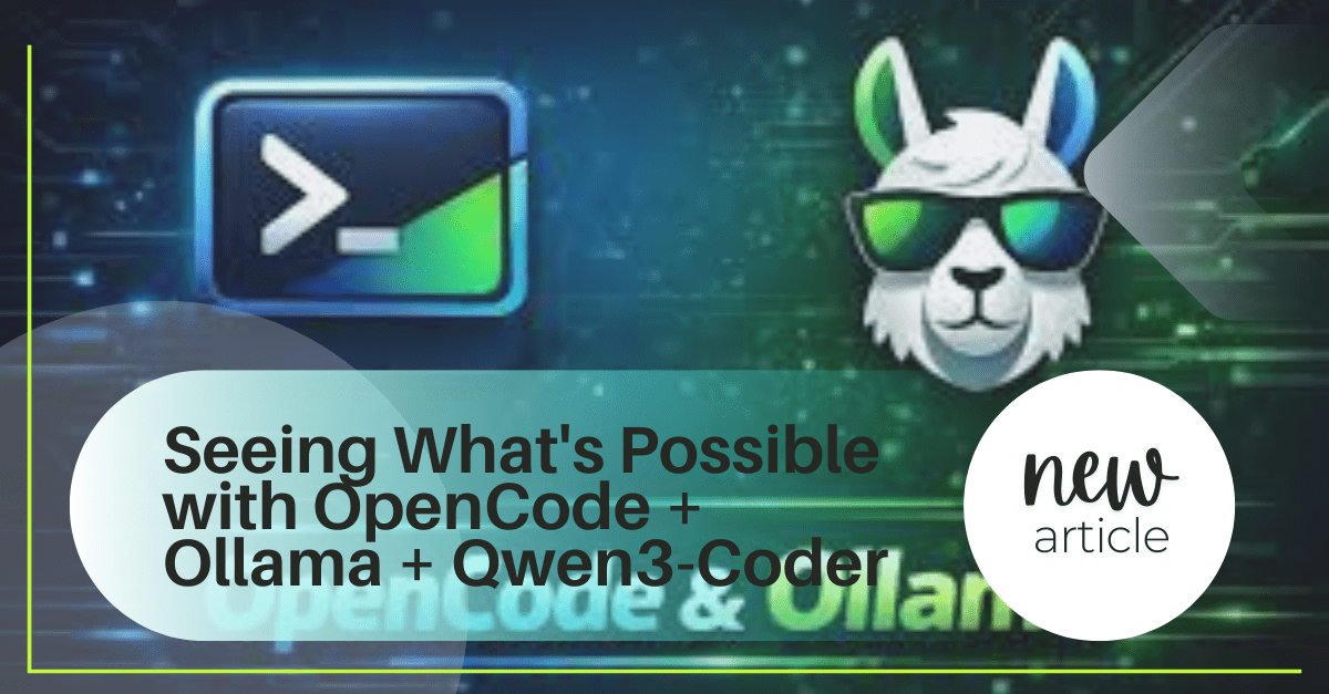 OpenCode 로고와 Ollama를 상징하는 라마 캐릭터, 그리고 Qwen3-Coder의 조합을 보여주는 타이틀 이미지입니다.