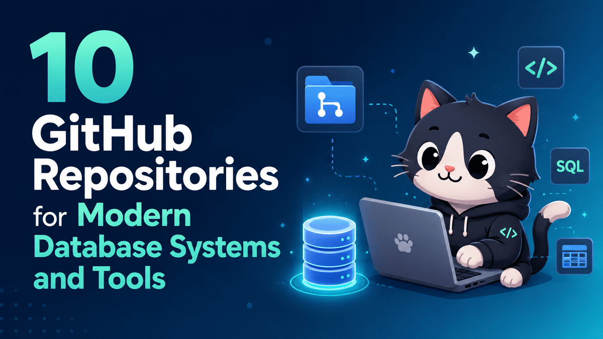 현대 데이터베이스 시스템 및 도구를 위한 10가지 GitHub 저장소를 소개하는 인포그래픽.