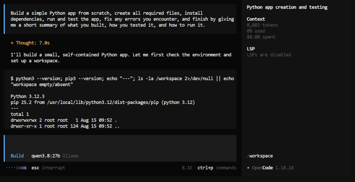 OpenCode가 Python 앱 생성과 테스트 작업을 수행하며 Python과 pip 버전을 확인하는 화면이다.