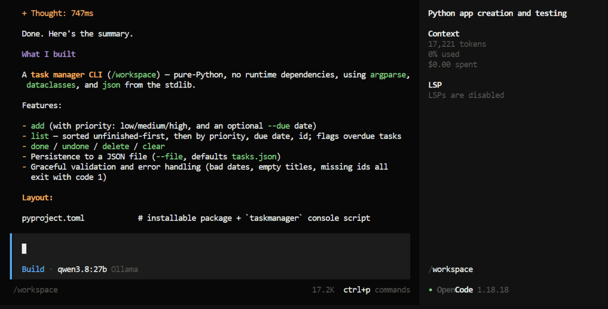 OpenCode가 Python task manager CLI의 구현 내용과 기능 목록을 요약하는 화면이다.