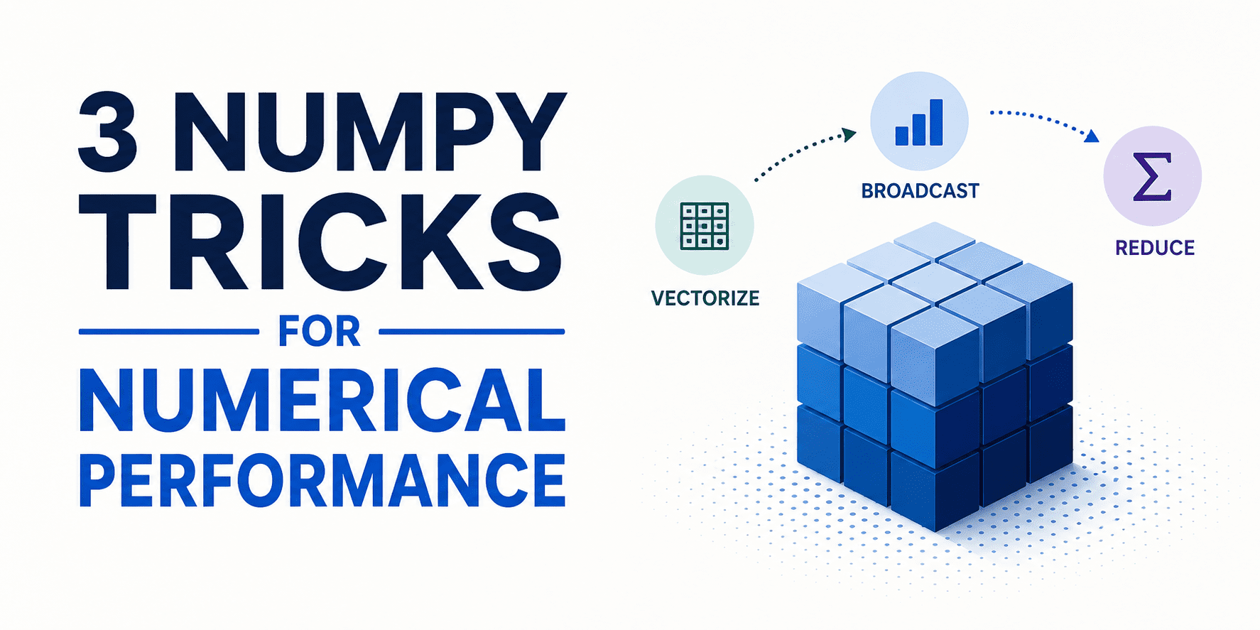 NumPy 성능 최적화를 위한 3가지 핵심 기법을 요약한 다이어그램.