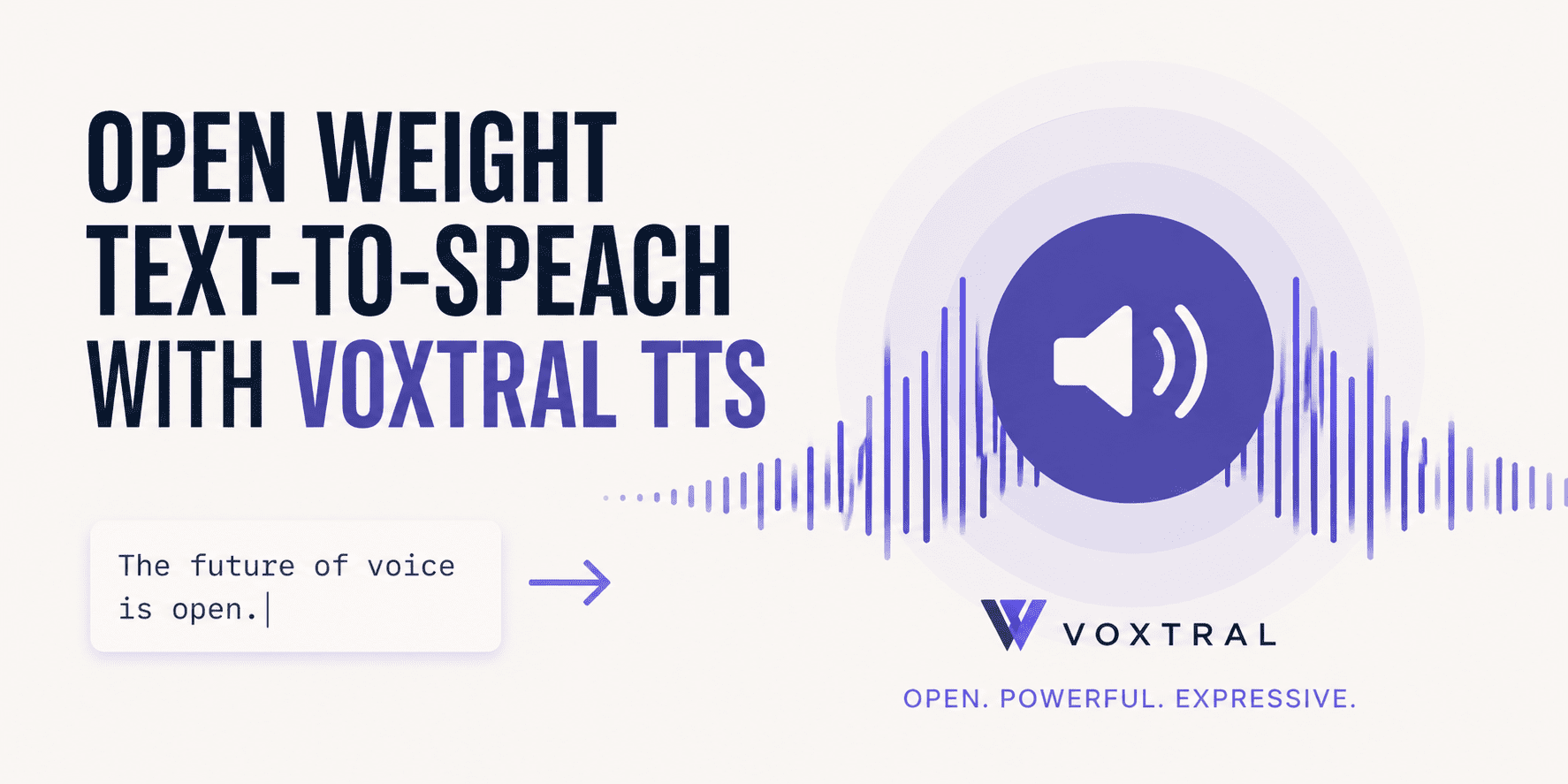 Voxtral TTS의 오픈 웨이트 및 강력한 표현력을 강조하는 홍보용 배너 이미지